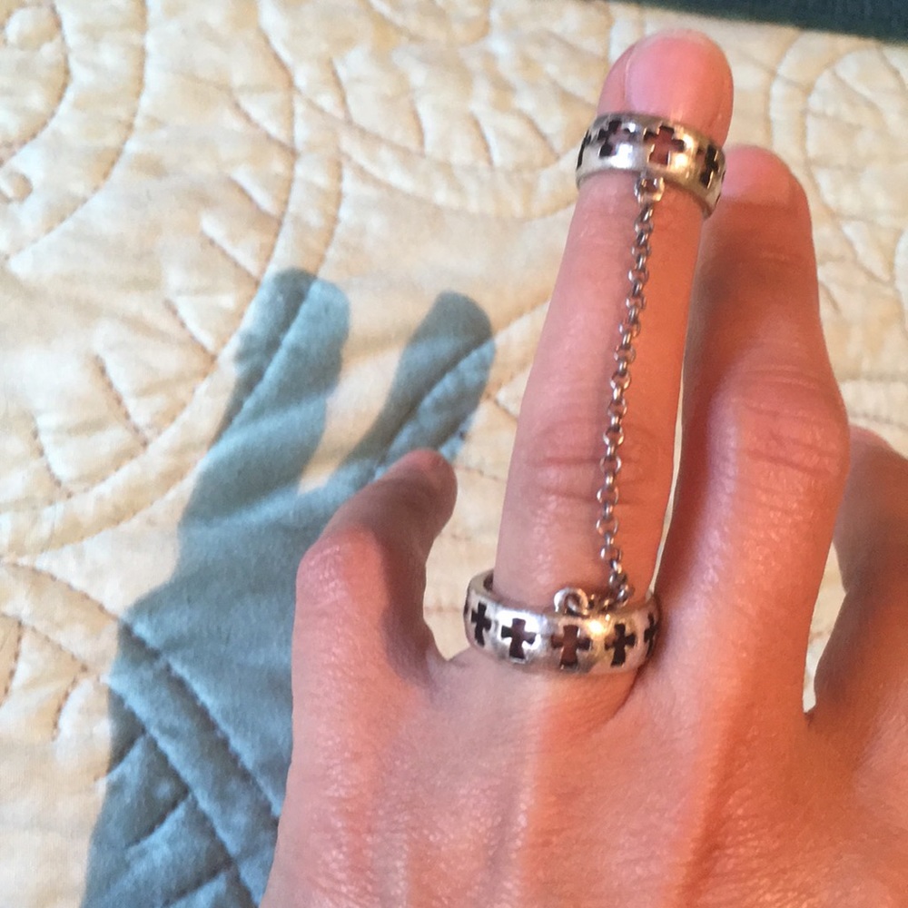 Silver Cross Chain Double Ring - Women's Fashion Jewelry
